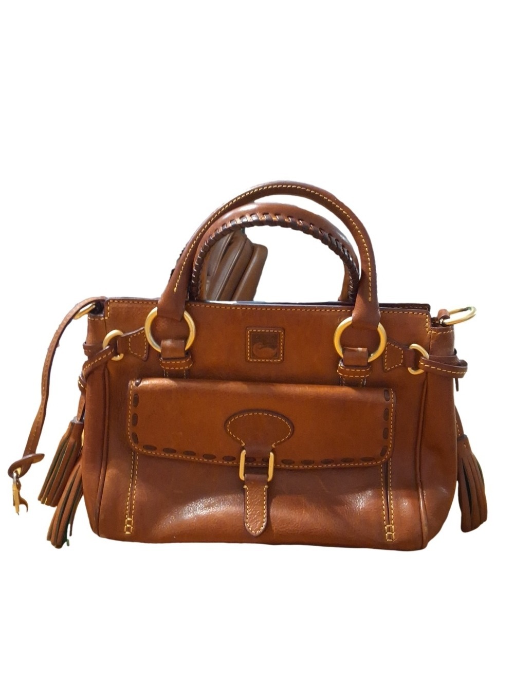 Vintage Authentic Dooney & Bourke Cognac Leather Satchel with Tassels - Picture 2 of 11